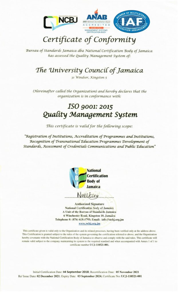 UCJ ISO Recertification Certificate